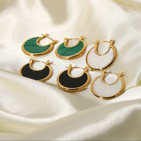 Stainless Steel Retro Moon Malachite Earrings - Picture 8 of 10